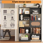 IRONCK 6 Tier Bookshelf and Bookcase with 2 Rattan Design Flip-top Storage Cabinets, 8 Cube Bookcases Display Storage Shelves Organizer for Living Room, 43.3" Black
