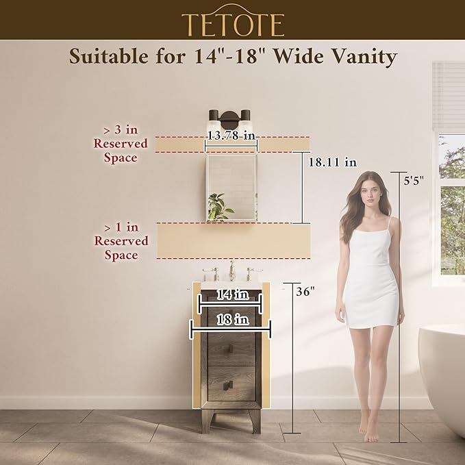 TETOTE 14 x 18 Medicine Cabinet with Tempered Beveled Mirror Silver Medicine Cabinet Mirror Aluminum Cabinet DTC Hinges, Stepless Adjustable Shelves, Recessed/Surface-Mounted