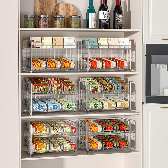 JKsmart 2-Pack Stackable Can Rack Organizer, Can Storage for Kitchen Pantry Cabinet, Can Holders for Food, Multifunctional Can Dispenser for Snacks Soda, Silver