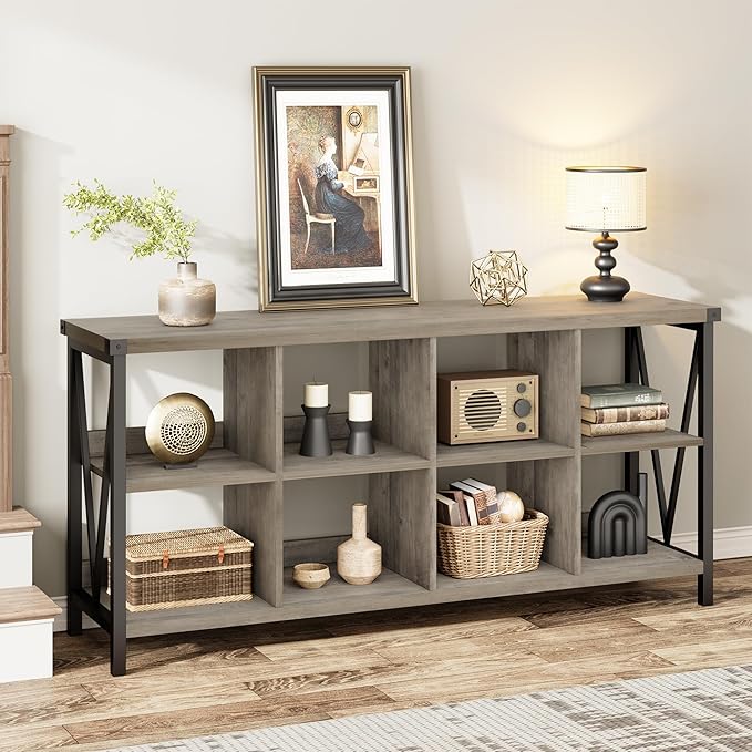 GarveeHome 8 Cube Storage Organizer Bookshelf, 3 Tier Metal Horizontal Bookcase, 62 Inch Console Bookshelf, Industrial Storage Bookcase for Entryway, Long Low Bookshelves for Living Room-Grey