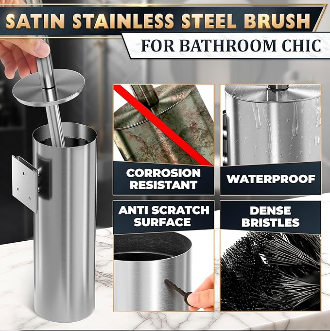 Silver Modern Toilet Brush and Holder Set with Wall Mount - Stainless Steel Toilet Brush with Holder - Removable Inner Bowl, Shiny Design, Splash Protection & Dense Bristles for Bathroom Cleaning