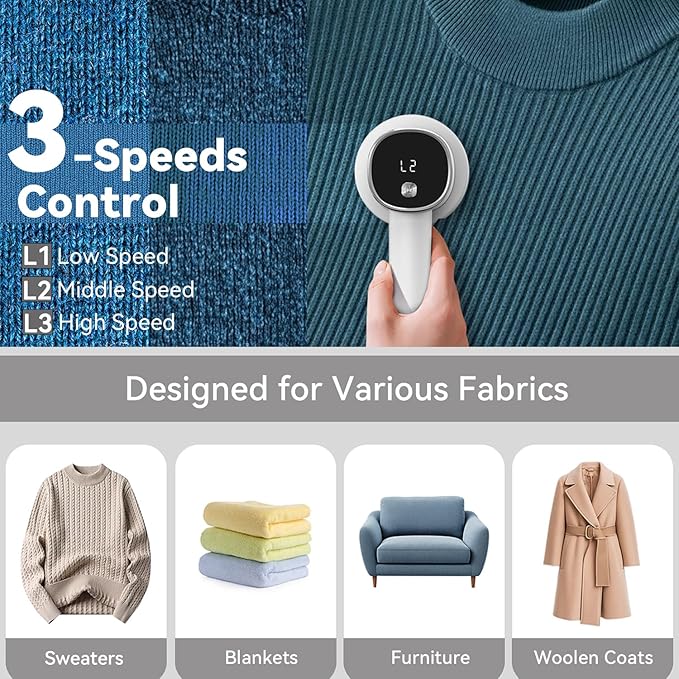 Fabric Shaver Lint Remover: Rechargeable Lint Shavers for Clothes with LED Display 3 Speeds and 6-Leaf Blades, Portable Electric Lint Shaver to Remove Fuzz Ball Pilling from Sweater Furniture