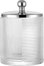 Clear Transparent Apothecary Ribbed Geometric Etched Glass Jar W/Silver/Chrome Metal Lid Cover for Bathroom Organization, Cotton Balls, Q Tips, and Small Accessories, Bathroom Storage