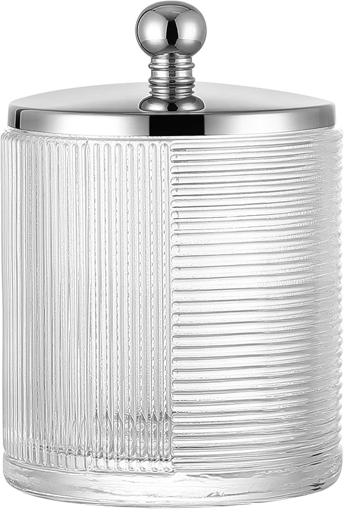 Clear Transparent Apothecary Ribbed Geometric Etched Glass Jar W/Silver/Chrome Metal Lid Cover for Bathroom Organization, Cotton Balls, Q Tips, and Small Accessories, Bathroom Storage