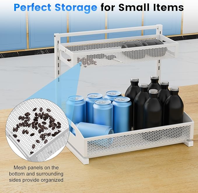 Metal Under Sink Organizer, Pull Out Cabinet Organizer Rack with Silk-Smooth Bottom Drawer, 5-Level Adjustable, Multi-Purpose Storage Shelf for Bathroom, Kitchen, Vanity, Pantry (2-Pack)