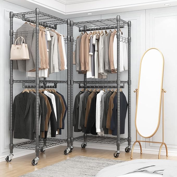 BATHWA Clothes Rack Rolling Narrow 2 tier Garment Rack for Hanging Clothes， Space Saving Portable Clothing Rack with Wheels and Double Rods 8 Hangers, Adjustable, Black