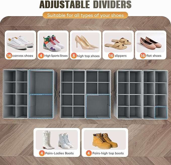 Budding Joy 2 Pack Shoe Organizer for Closet, Clear Foldable Shoe Storage Containers Adjustable Dividers Fits 16 Pairs,Shoe Storage Bins Baskets Boxes with Reinforced Handles Light Grey Greenish Grey