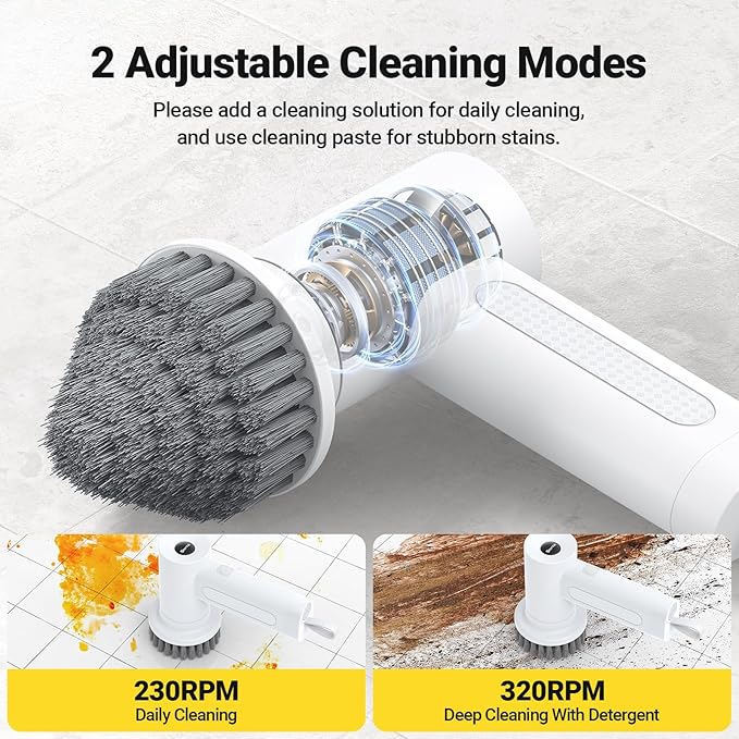 Electric Spin Scrubber, 3000 mAh Cordless Power With 8 Replaceable Heads, Dual Speed Lightweight Handheld for Cleaning Stove/Bowl/Sink/Corner/Tile/Grout (White)