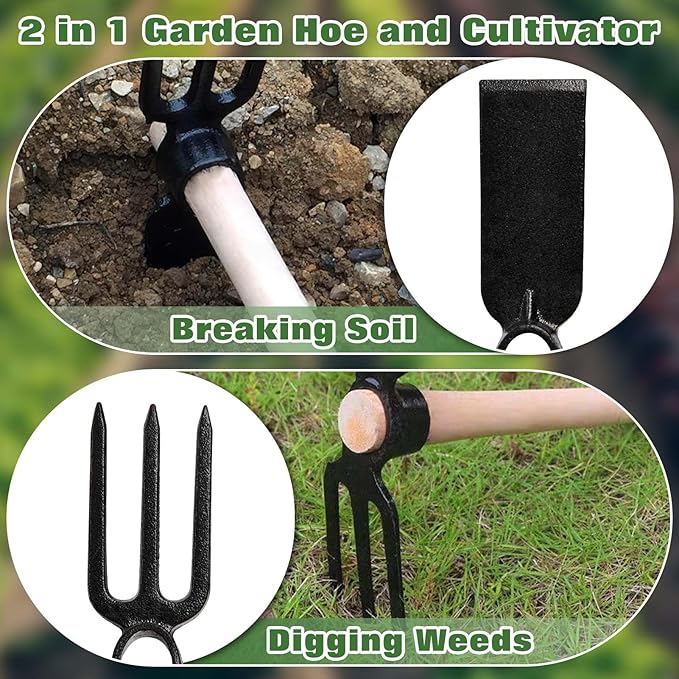 SPEEDWOX Hoe and Cultivator Hand Tiller Hoe Cultivator 2 in 1 Hand Garden Tools with Wooden Handle Sturdy 3 Claw Tiller Carbon Steel Heavy Duty for Loosening Soil, Weeding, Cultivating and Digging