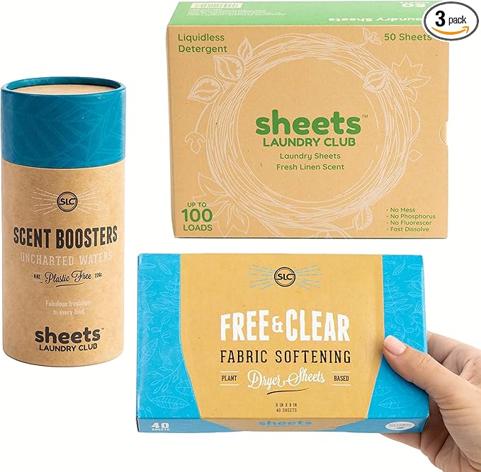 Sheets Laundry Club Bundle - 50 Pack (up to 100 loads) Fresh Linen Detergent Sheets, 40 Pack Free & Clear Dryer Sheets & 8 Oz. Uncharted Waters Scent Booster - New Liquidless Technology