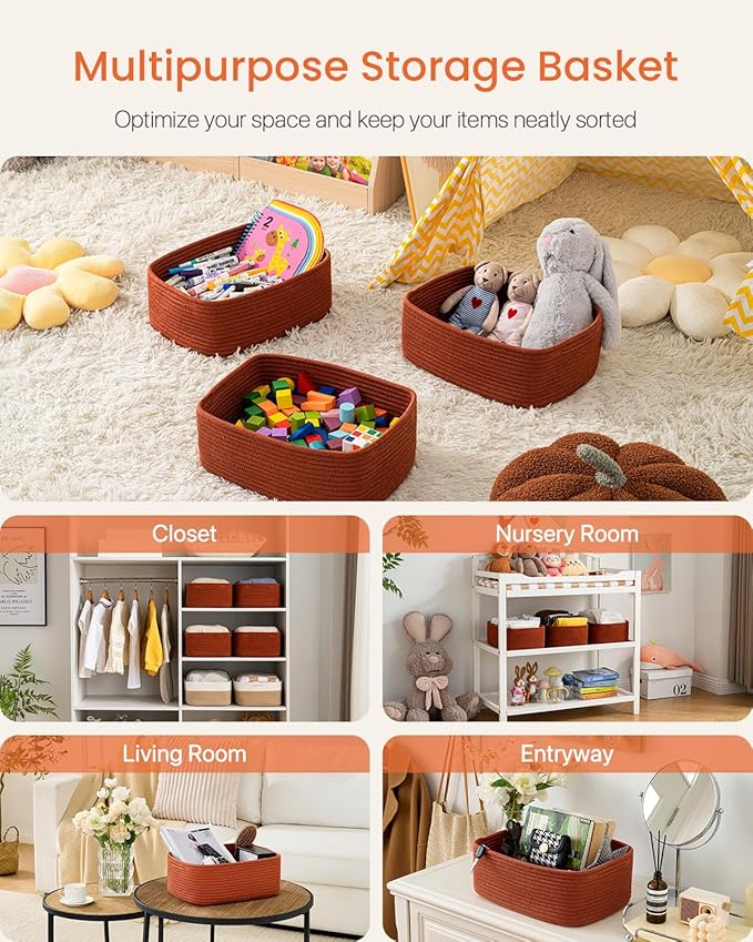 Small Woven Basket, 13.5 x 9.5 x 5 Inches, Storage Basket for Organizing, Cute Small Rope Shelf Closet Cube Storage Bins Baskets for Shelves, Dog Toy Gift Baskets Empty, 3 Pack Rust Red