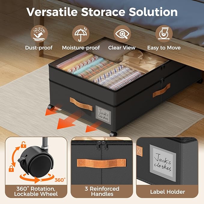 Under Bed Storage with Wheels, Large Capacity UnderBed Containers with Clear Lids, Shoe Organizer Under Bed Drawers, Rolling Under the Bed Storage for Clothes, Shoes, Blankets