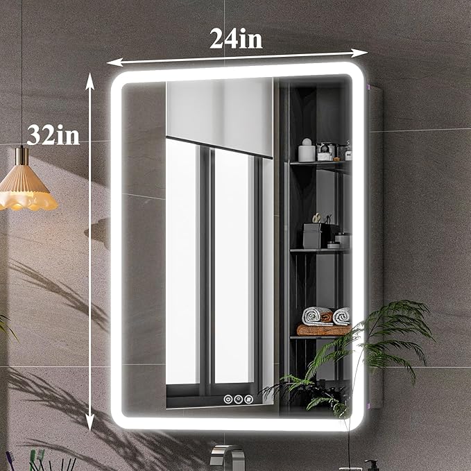 LED Bathroom Medicine Cabinet with Mirror, 24 Inch x 32 Inch Bathroom Mirror Cabinet with Door & Adjustable Shelves, Surface Mount or Recess Installation