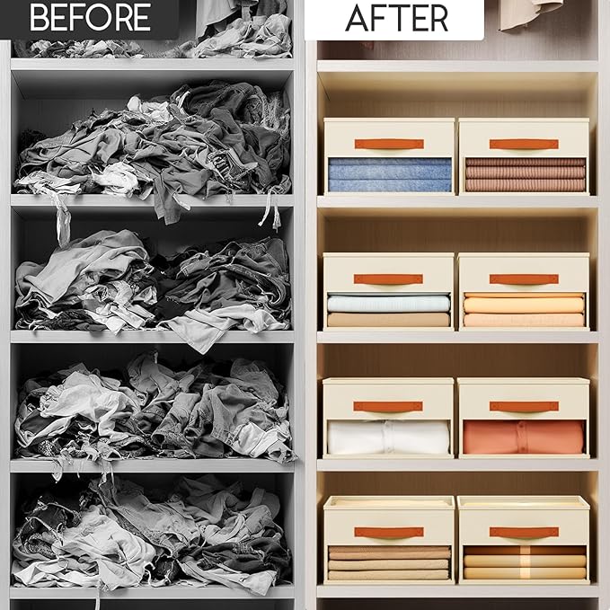 Homsorout Drawer Organizers and Storage - 12 Pack Foldable Pants Organizer with Clear Window & Handles, Fabric Closet Organizer for Clothes, Jeans, Sweaters, Towels, T-shirt, Scarf (Beige)