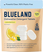 BLUELAND 100% Plastic-Free Dishwasher Detergent Tablets, 120 Count, Lemon Zest Scent, Eco Friendly Dishwashing Pods, Natural, Sustainable
