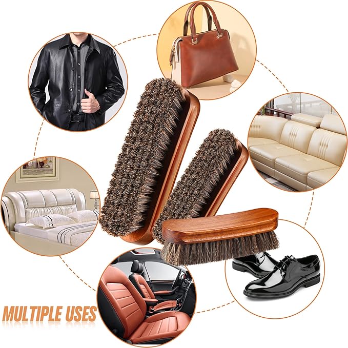 4 Pcs Horsehair Shine Shoes Brush Kit Polish Dauber Applicators Cleaning Leather Shoes Boots Care Brushes Suede Cleaner Brush with Microfiber Shoe Gloves(3 Pcs Shine Brush)