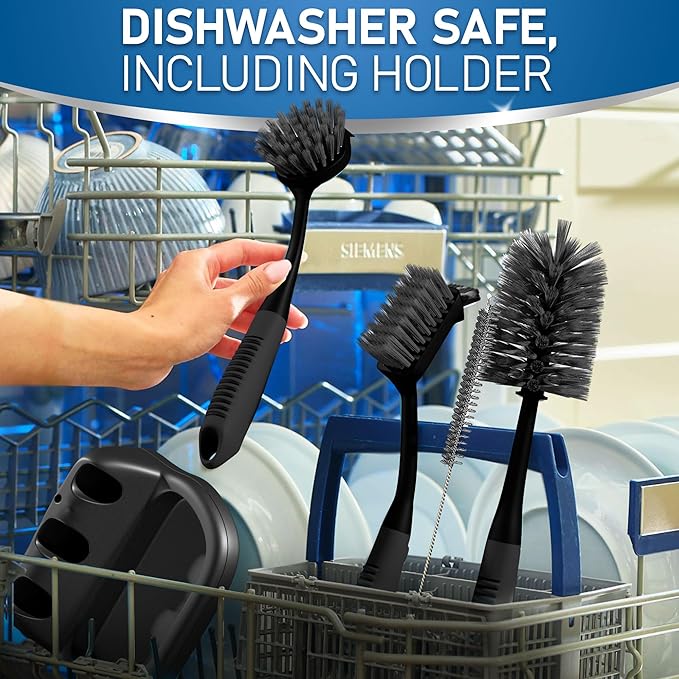 Dish Brush Set of 5 with Holder - Kitchen Scrub Brushes with Non-Slip Long Handle for Cleaning, Scrubber, Dishwashing, Dishes, Bottles, Straws, Cups, Pots & Sink, Black