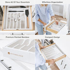 Premium Silverware, Flatware and Utensil Organizer for Kitchen Drawers, Food-Safe Contract Grade, Expandable from 14.5 to 25 In, White Bamboo