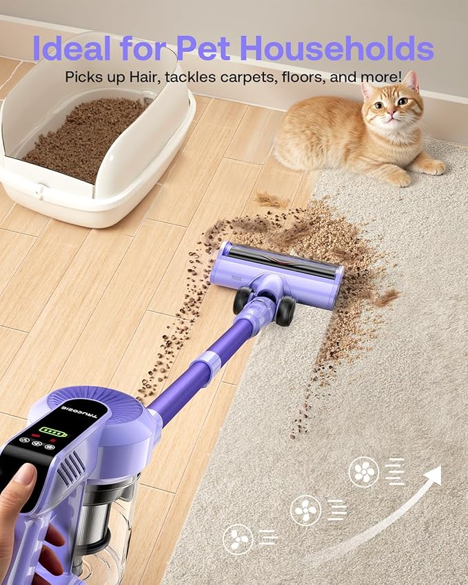 Cordless Vacuum Cleaner, 40Kpa 45Mins Vacuum Cleaners for Home, 8-in-1 Lightweight Stick Vacuum with Powerful Suction, Anti-tangle Wireless Vacuum for Carpet, Tile, Pet Hair, Hardwood Floors, Purple