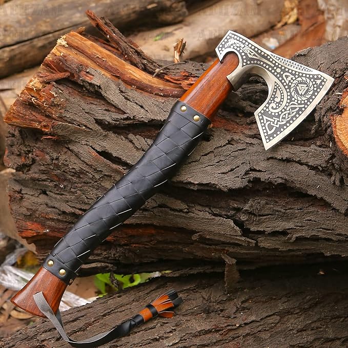 Viking Axe with Gift Vikings Knife Sheath | HandForged Carbon Steel Camping Axes and Hatchets Viking Gifts for Men | Bearded Vikings Valhalla Axe (Ax-64)