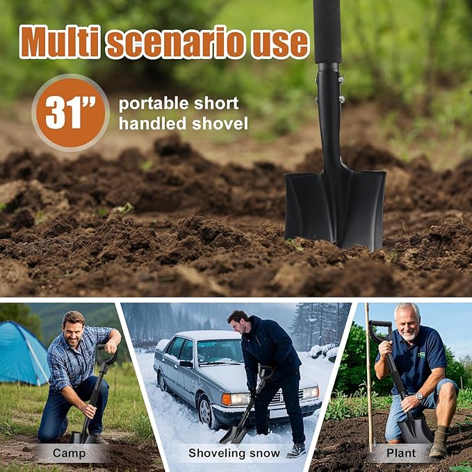 Shovel, Garden Shovels for Digging, 31” Small Spade Square Shovel with D-Handle Portable，Suitable for Car Snow Removal Trenching Kids Sand Beach Shovel Camping Gardening