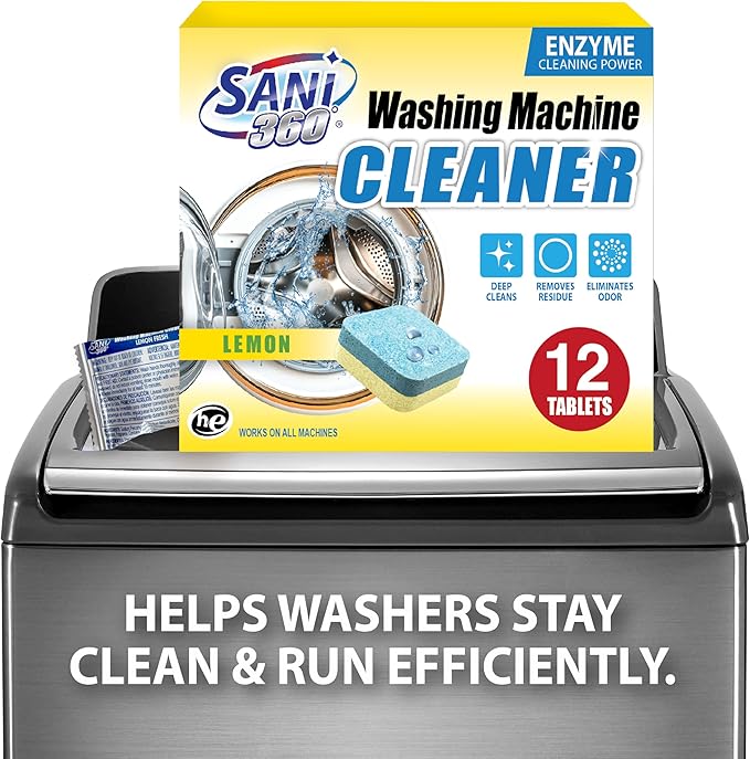 SANI 360° Washing Machine Cleaner, 12 Month Supply is Formulated with Enzyme, Deep Cleans and Deodorizes Front and Top Loading Washers