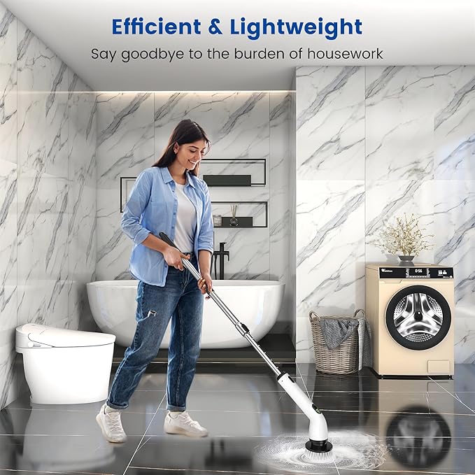Electric Spin Scrubber, Full-Body IPX7 Waterproof Cordless Shower Scrubber with 8 Replaceable Heads, Upgraded Extension Handle, 2H Work Time, 2 Speeds for Bathroom Shower Tile Glass
