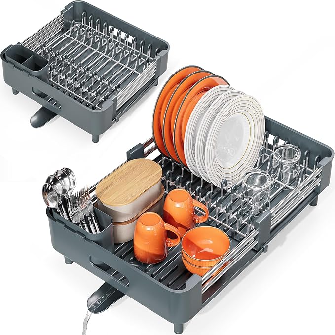 Urackify Stainless Steel Dish Drying Rack - Dish Drainer for Kitchen Counter, Extendable Drainboard with Foldable, Space-Saving Cup & Bowl Organizer, Includes Knife and Utensil Holder, Matte-Green