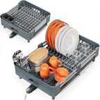 Urackify Stainless Steel Dish Drying Rack - Dish Drainer for Kitchen Counter, Extendable Drainboard with Foldable, Space-Saving Cup & Bowl Organizer, Includes Knife and Utensil Holder, Matte-Green