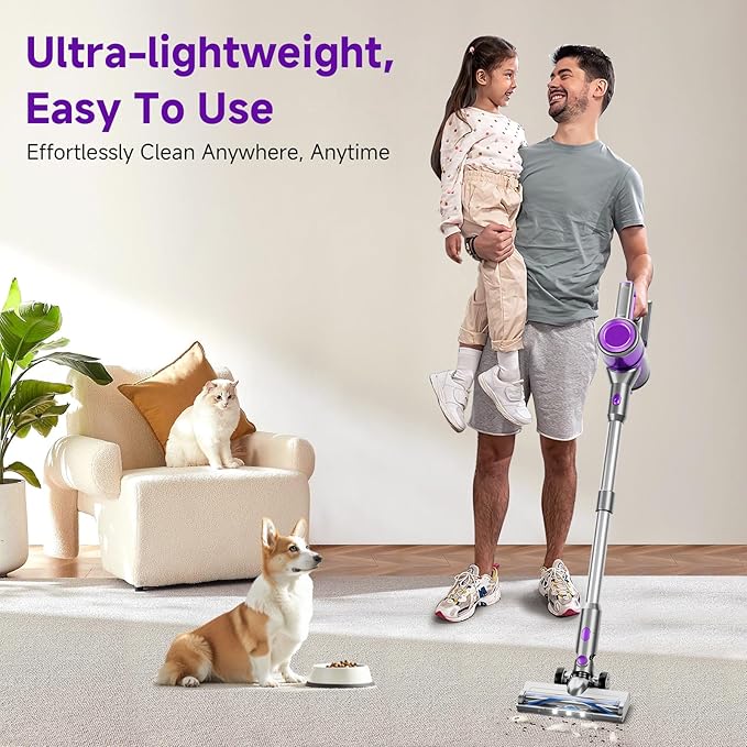 Cordless Vacuum Cleaner,55Mins/Powerful Vacuum Cleaners for Home,Stick Vacuums with 8 in 1,Touch Screen,LED Headlights, Anti-Tangle,Rechargeable,Lightweight for Carpet,Hard Floor, Pet Hair,Purple