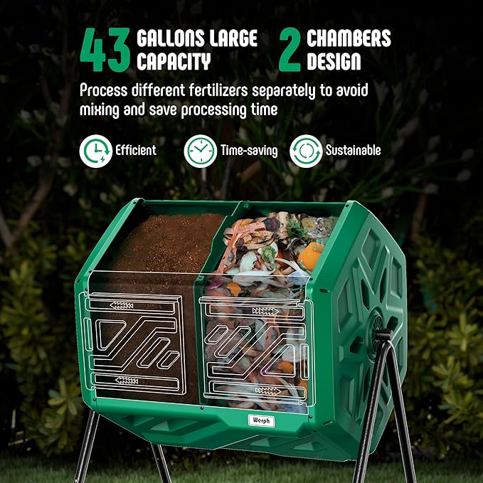 Compost Bin, Outdoor Composter, Fast Assembly 43 Gallon Dual Chamber Outdoor Compost Tumbler, Heavy Duty Tumbling Rotating Composter for Patio, Garden,Yard, Green, Easy Setup, Gloves Included