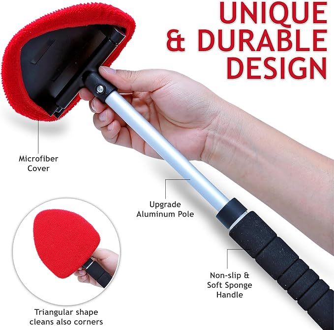 TAKAVU Windshield Window Cleaner Tool, Extendable Long-Reach Handle, Unique Pivoting Triangular Head, 3 Washable Reusable Microfiber Bonnets, Car & Home Inside Interior Exterior Use - Lint Free (Red)