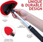 TAKAVU Windshield Window Cleaner Tool, Extendable Long-Reach Handle, Unique Pivoting Triangular Head, 3 Washable Reusable Microfiber Bonnets, Car & Home Inside Interior Exterior Use - Lint Free (Red)