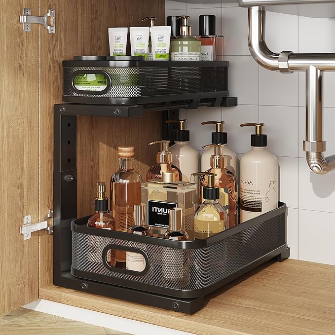 1 Pack 15.7IN-Depth Under Sink Organizer with Smooth Cylindrical Rail,2-Tier Pull Out Multi-Purpose Cabinet Storage for Bathroom&Kitchen,Height Adjustable,Rust-Resistant Coating-Black