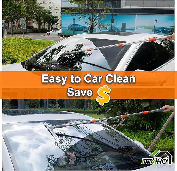 ITTAHO Squeegee for Window Cleaning,12" Squeegee and 11" Microfiber Scrubber Combi with Stainless Steel Pole,Extendable Window Cleaner for Car,Sliding Door,Shower Glass Door-Swivel Style-2 Pads