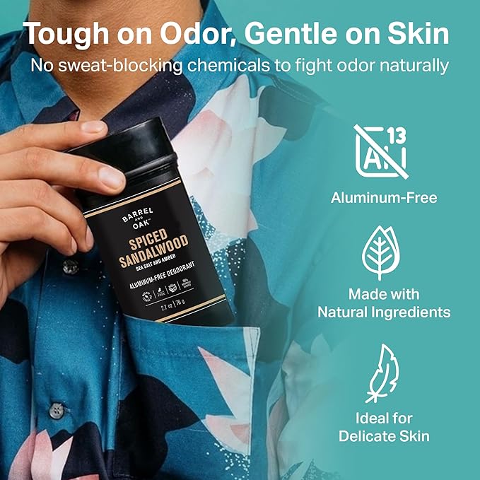Barrel & Oak Aluminum Free Deodorant for Men, Natural Men's Deodorant with Sea Salt & Amber Essential Oil for Delicate Skin, Grooming Kit Gifts for Men, Spiced Sandalwood, 2.7 oz, 2-Pack