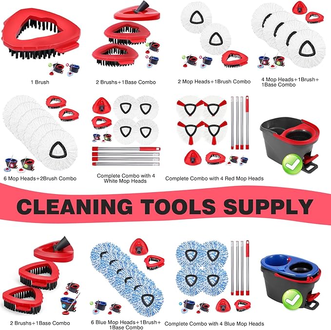 Mop Replacement Heads 6 Pcs & 2 Scrub Brushes Combo for Ocedar Easywring 1-Tank System,Microfiber Spin Mop Replacement Head,Machine Washable for Bathroom,Kitchen,Tub and Tile Cleaning