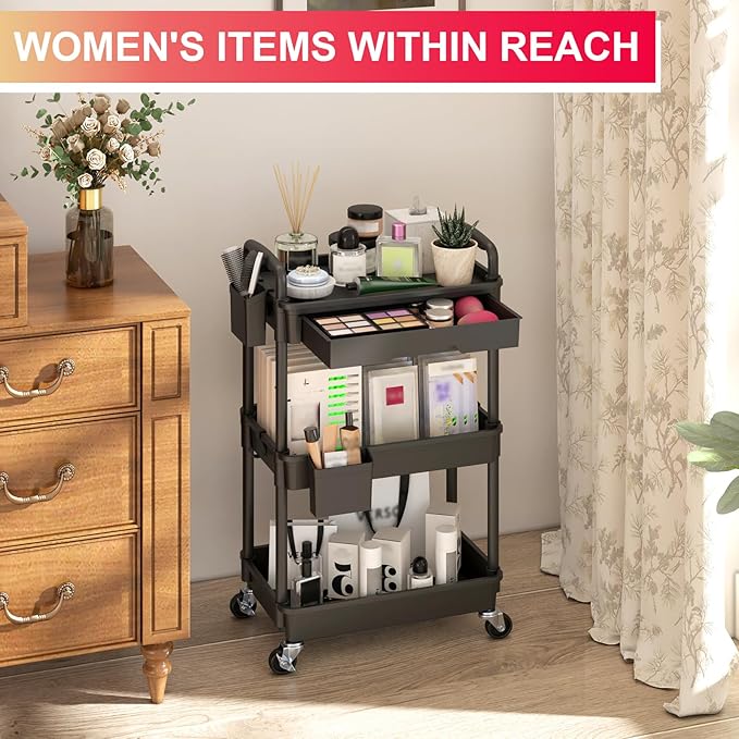 Goovilla 3 Tier Rolling Utility Cart Organizer with Removable Drawer, Stable and Sturdy Black Rolling Storage Carts with 2 Lockable Wheels for Bathroom, Kitchen, Snack, Craft, Makeup, Baby Essentials