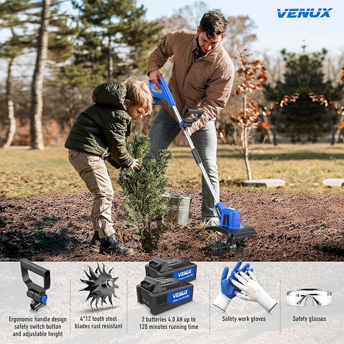 VENUX 20V Cordless Tiller Cultivator Electric Garden Tiller- 2 Batteries 4.0AH Included, 48 Steel Anti-Rust Tines 360RMP Tilling 9-in Width & 6.6-in Depth, Safety Gloves & Glasses Included