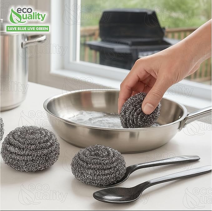 24 Pack Stainless Steel Sponges, Steel Wool Scrubber, Scrubbing Scouring Pad for Pots, Pans and Ovens Great for Kitchen, Bathroom, Outdoors by EcoQuality
