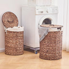 Round Water Hyacinth Laundry Hamper with Lid Handwoven Wicker Basket with Handles for Dirty Clothes, Storage, and Organization Ideal for Bedroom, Bathroom, and Laundry Room, No Assembly Required, 2Pcs