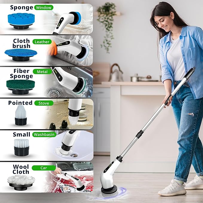 Versatile Depot Electric Spin Scrubber for Bathroom with 7 Replaceable Brush Heads – Power Scrubber with Adjustable Long Handle – Cordless Shower Cleaning Brush for Tile, Tub & Floor