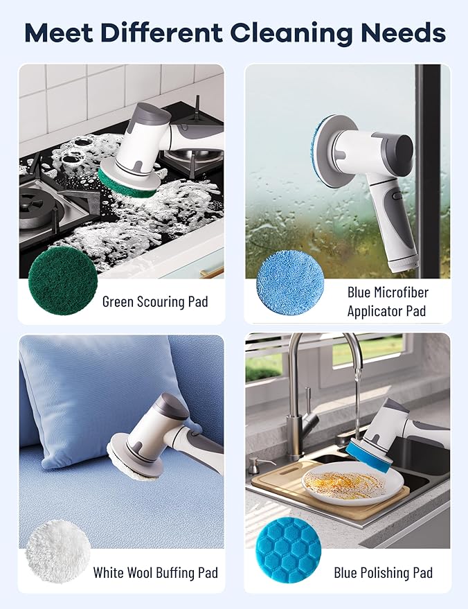 Electric Spin Scrubber,Power Scrubber Dual Speeds Cordless Shower Scrub Brush with Handle,Cleaning Brush with IPX7 Waterproof,8 Brush Heads for Kitchen,Tile,Tub (Short Purple)