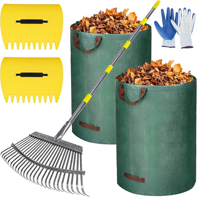 Garden Rake for Leaves, 37"-73" Adjustable Handle Rake Set with Leaf Grabbers, Work Gloves and 2 Leaf Bags, 18" Wide Head with 25 Metal Tines for Yard Picking Leaves, Shrub Grass Bush Lawn Cleanup