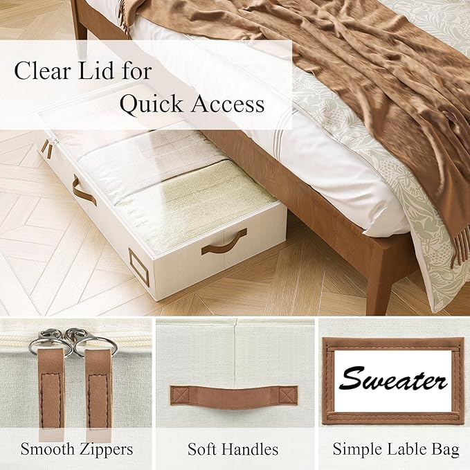 Under Bed Storage, Under Bed Storage Containers Bins for Clothes, Large Linen Underbed Closet Organization Bins, 2 Pack Collapsible Underbed Bin Dorm for Clothes, Sweater, Beige