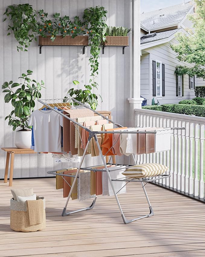 Clothes Drying Rack - Foldable Laundry Drying Rack for Clothing & Bedding, Easy-to-Assemble, Space-Saving Metal Airer with Non-Slip Feet, Indoor & Outdoor Use, 55.5"×22.8"×36.6", Gray