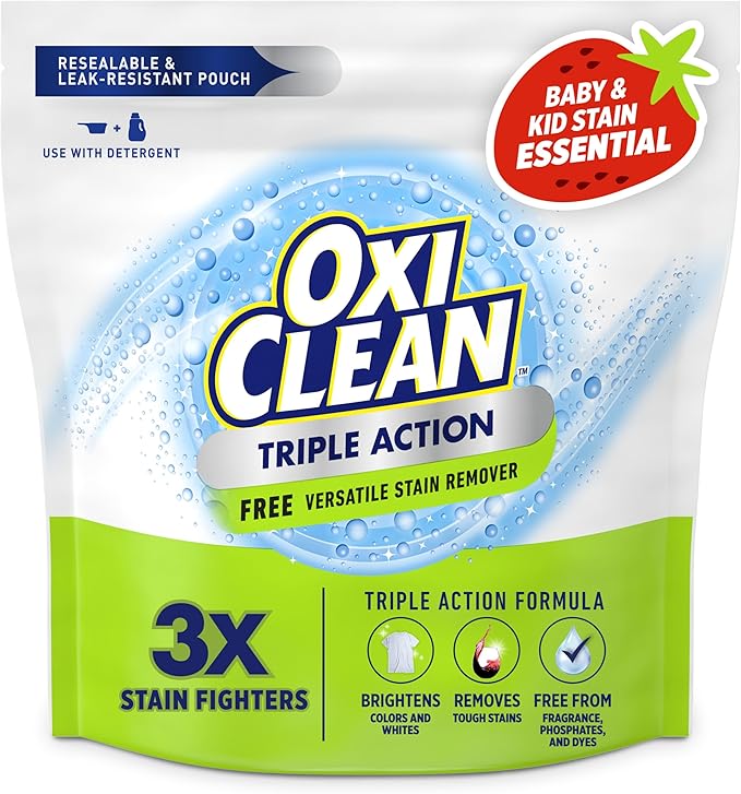 OxiClean Triple Action Free Versatile Stain Remover Powder, Use with Detergent, No Fragrance, No Dyes, No Chlorine, Removes Stains, Brightens Colors and Whites, 4 lbs