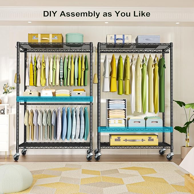 P3 Plus Rolling Clothes Rack, Clothing Racks for Hanging Clothes, Heavy Duty Garment Rack with Wheels, Freestanding Portable Closet Rack 45" W x 14" D x 78.5" H, Max Load 480 LBS, Black