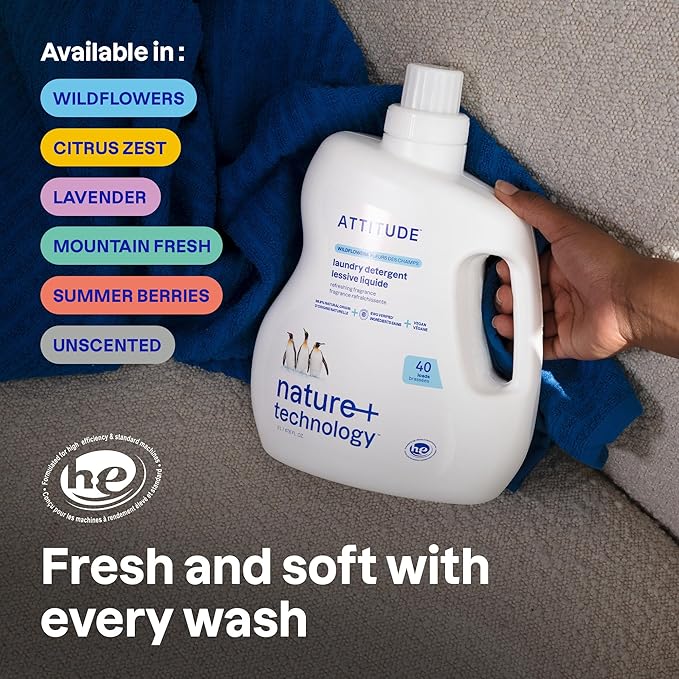 ATTITUDE Liquid Laundry Detergent, EWG Verified, HE Compatible, Plant-Based & Vegan, Natural Laundry Soap, Lavender Scent, 40 Loads, 67.6 Fl Oz