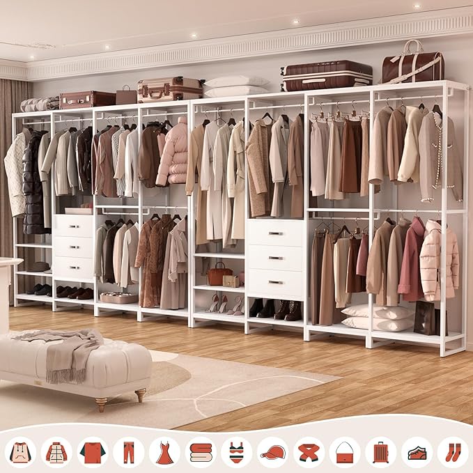 Aheaplus Wood Clothes Rack Wardrobe Closets for Hanging Clothes Heavy Duty Garment Rack, Large Corner L Shaped Closet System Organizer Walk-in Closet for Bedroom with 3 Wood Drawers, Pure White